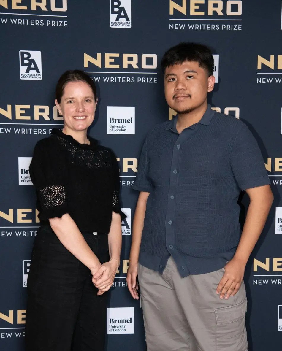 Sophie Elmhirst, with Erwin Joyce Canlubo, winner of the Nero New Writers Prize