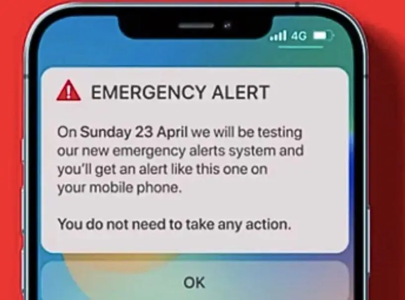 Picture of emergency alert on phone: on Sunday 23 April we will be testing our new emergency alerts system and you'll get an alert like this one on your mobile phone.
