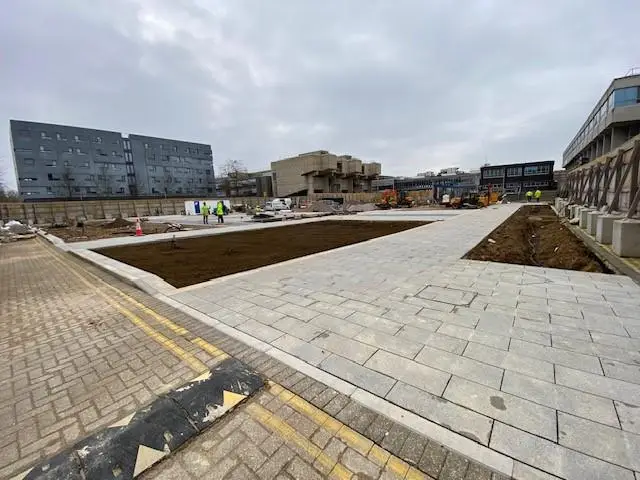 A ground view of the landscape work being done