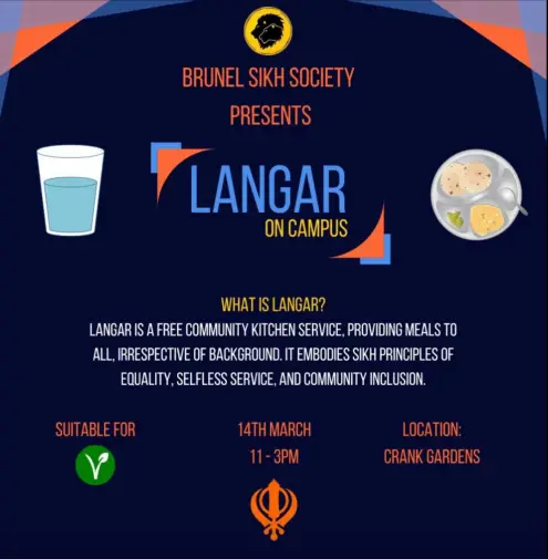 The image shows an infographic of details about Langar on campus. Thursday 14 March, from 11am - 3pm on the Crank Gardens. All are welcome.