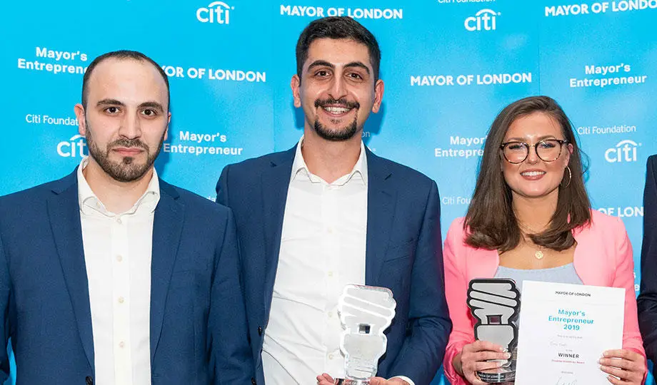 Brunel Alumni Nanoshift's Kariem Ali and Hassam Ahmad, who won the Environment award, together with Cosi Care's Lauren Bell, who won the Creative Industries award