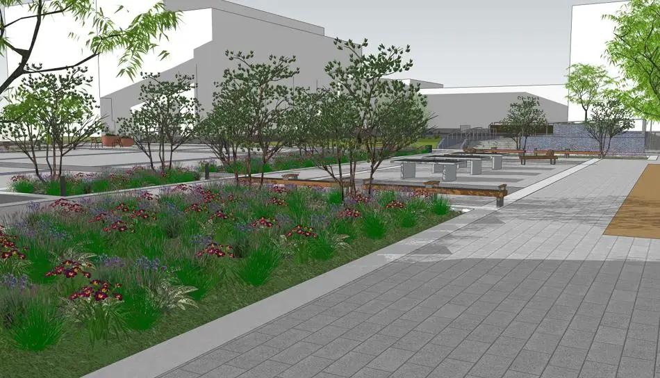 View two of the proposed area: greenery, shrubs and places to sit 