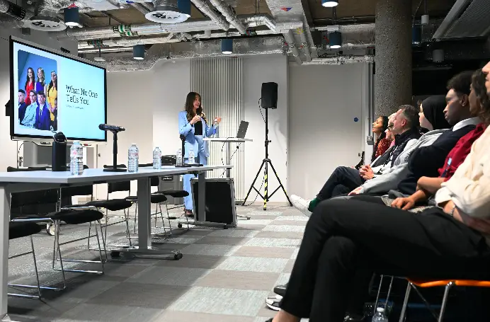 Mia Collins speaking in Michael Sterling Enthuse room on campus 