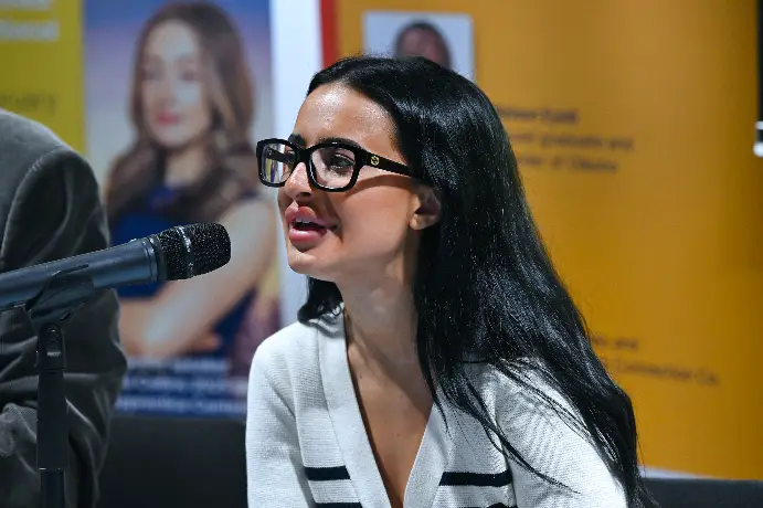 Donya Mansouri speaking during the panel Q&A in Michael Sterling Enthuse room on campus 