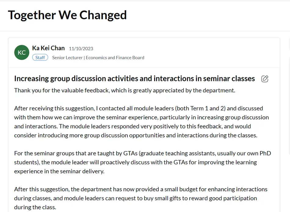 Image showing response from Senior Lecturer within Unitu Platform