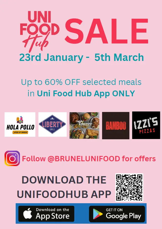 UniFoodHub promotional poster with QR code to download the app. 