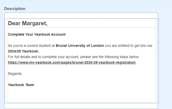 Example of what the scam Yearbook email looks like